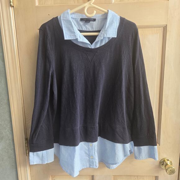 🎄 Tommy Hilfiger EUC sweater collared shirt combo long sleeve XL light blue - Picture 3 of 17